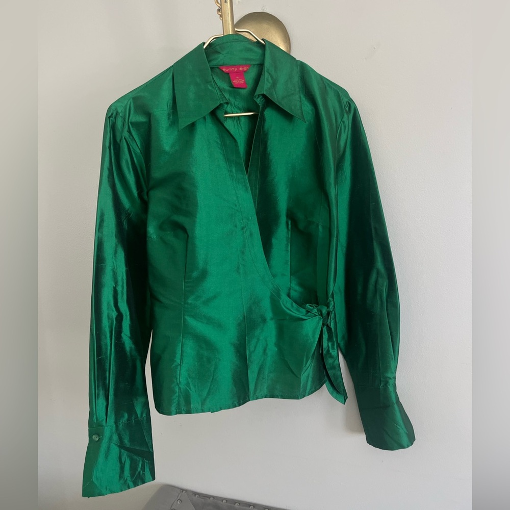 Sunny Leigh Emerald 100% Silk cocktail VTG Satin blouse size 14